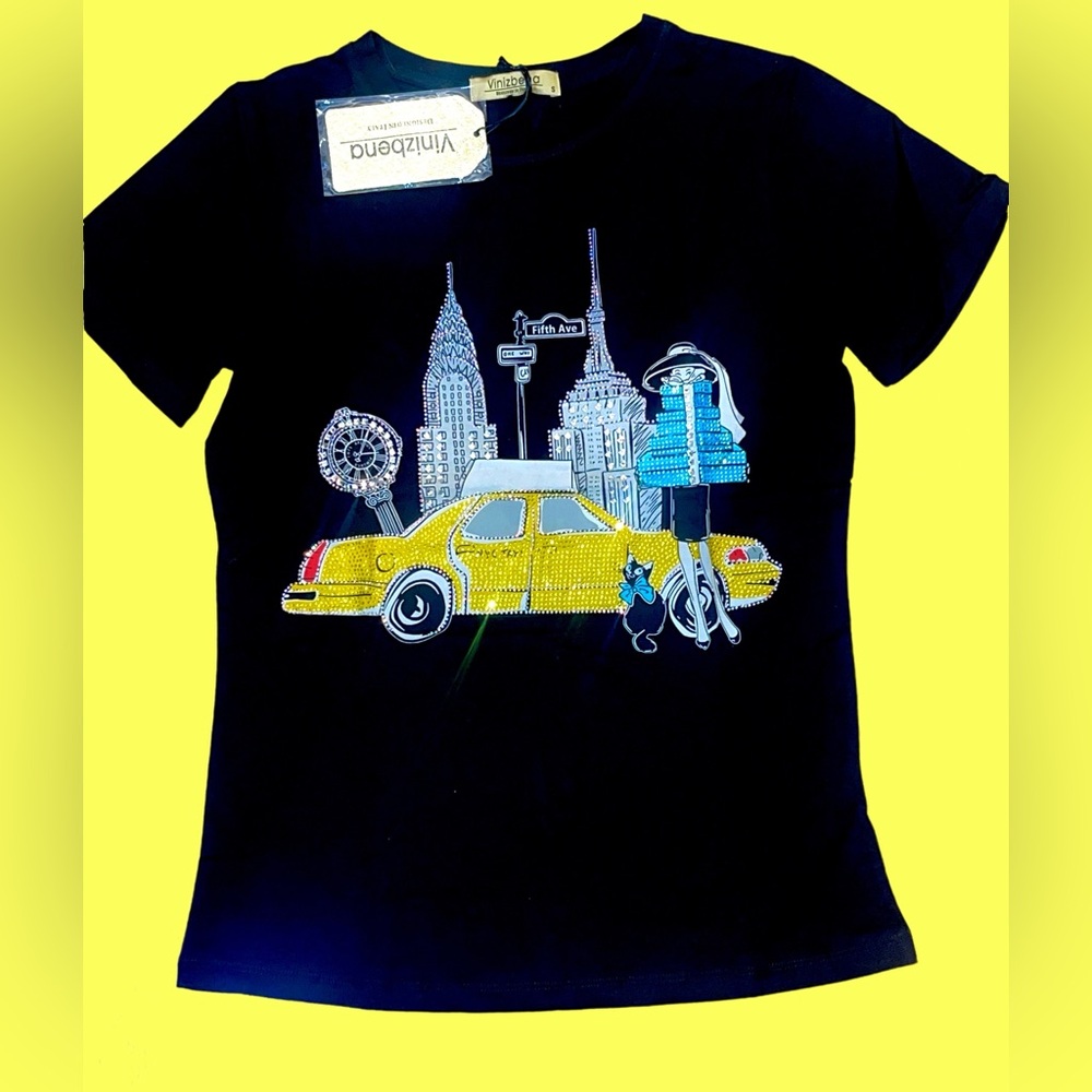🆕NWT #2~Vinizbena Sm Black rhinestone T-Shirt with Yellow Car and City Design